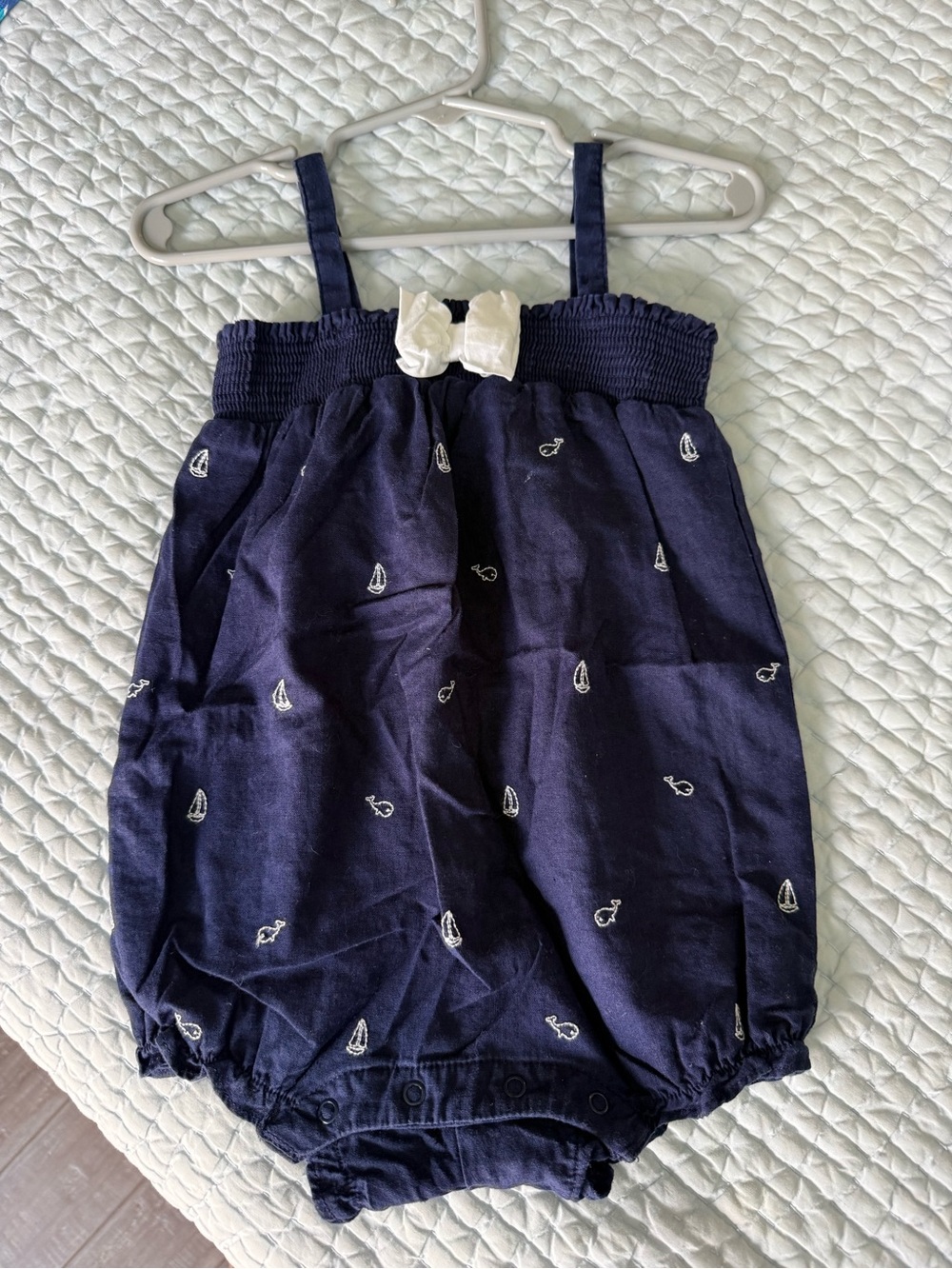 Janie and Jack Navy Sailboat Bubble Romper with White Bow